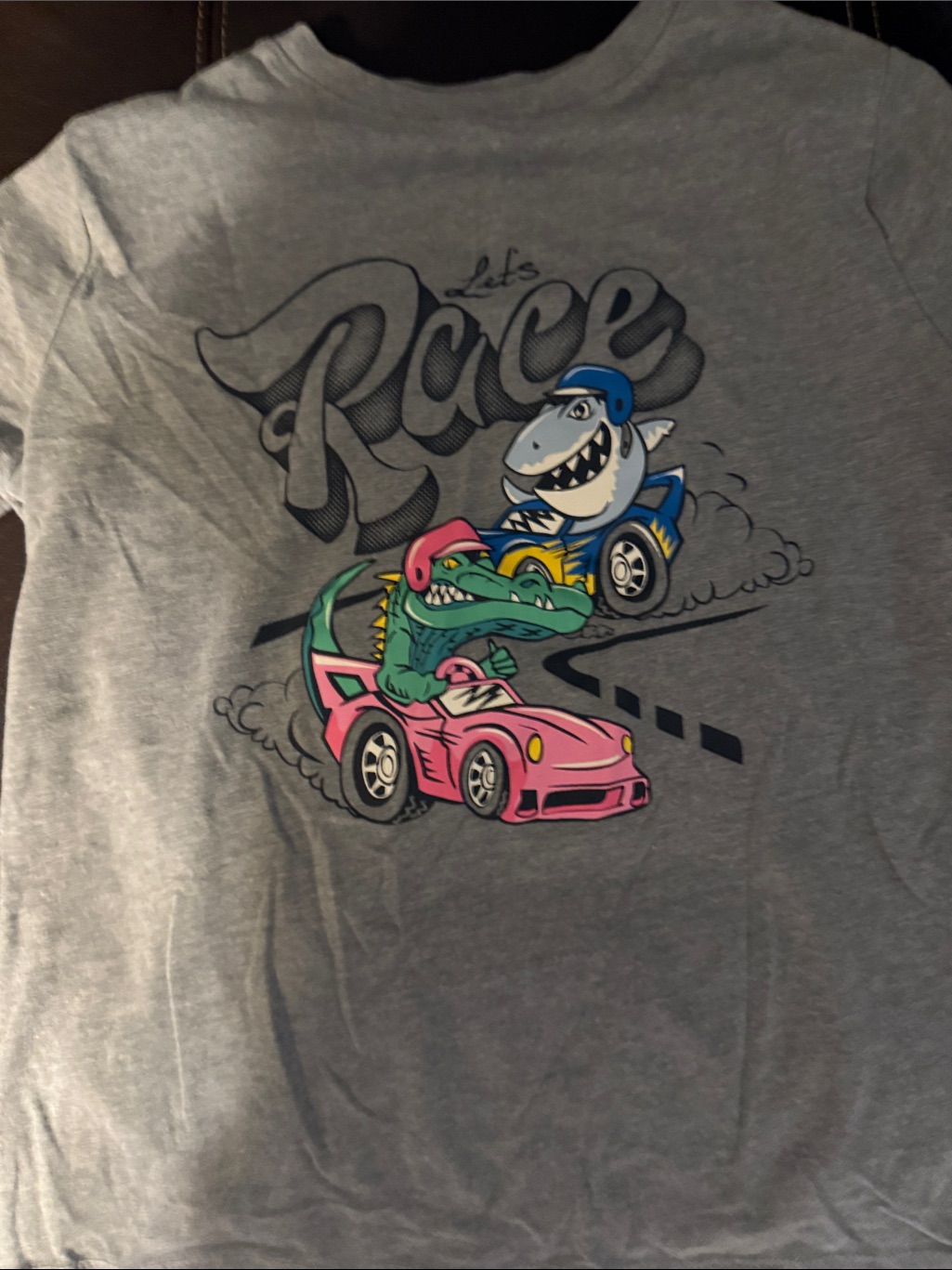 Kids Gray 'Let's Race' Graphic Tee With Shark & Alligator Racers